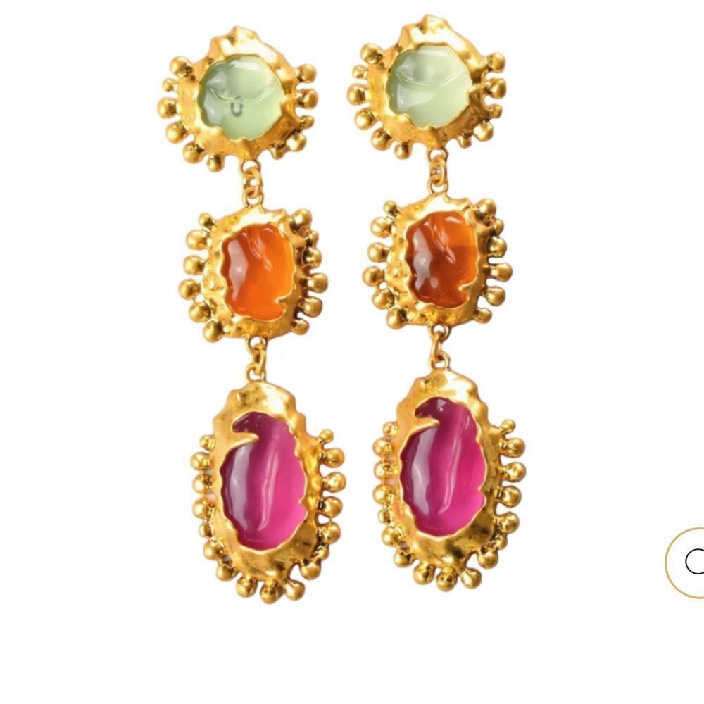 Gold-Tone Drop Earrings with Pink, Orange and Light Green Stones